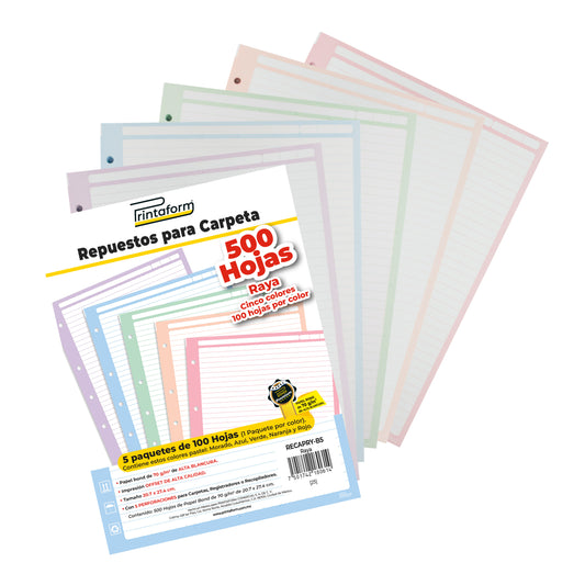Repuestos para Carpeta Arcoíris Pastel 500 hojas