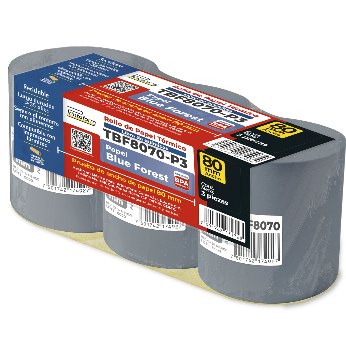 Rollo Térmico Ecológico Papel Blue4Est 79mm x 76m, TBF8070