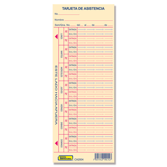 Tarjeta Control de Asistencia 300 tarjetas (Paq. c/3 blocks)