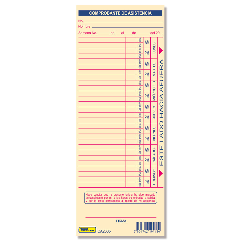 Tarjeta Control de Asistencia 300 tarjetas (Paq. c/3 blocks)